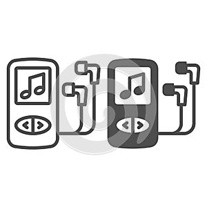MP3 player, earphones and musical note line and solid icon, electronics concept, music player vector sign on white