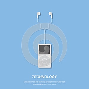 Mp3 player and headphones on blue background.