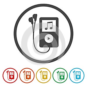 Mp3 player icon. Set icons in color circle buttons