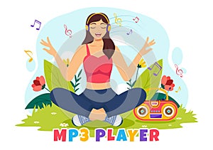 MP3 Player Vector Illustration with Musical Notation, Headphones, Headset and Phone of Music Listening Devices in Mobile App