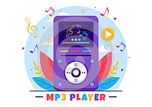 MP3 Player Vector Illustration with Musical Notation, Headphones, Headset and Phone of Music Listening Devices in Mobile App