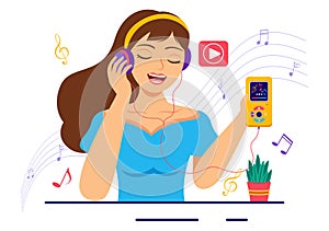MP3 Player Vector Illustration with Musical Notation, Headphones, Headset and Phone of Music Listening Devices in Mobile App