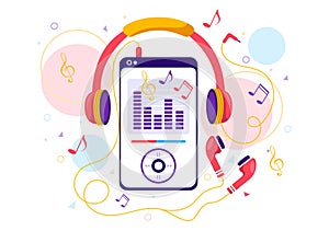 MP3 Player Vector Illustration with Musical Notation, Headphones, Headset and Phone of Music Listening Devices in Mobile App