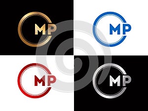 MP square shape Letter logo Design in silver gold color