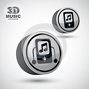 Mp3 player round icon, 3d vector design element.