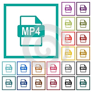 MP4 file format flat color icons with quadrant frames