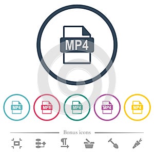 MP4 file format flat color icons in round outlines