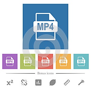 MP4 file format flat white icons in square backgrounds