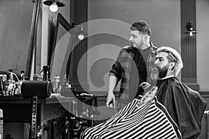 Mr. Expertise. male beauty and fashion. making new hairstyle. male hairdresser in workshop.