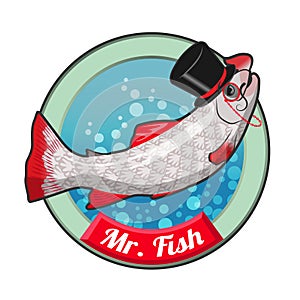 Illustration of Mr. Fish with elegant top hat, mustaches and monocle in logo style with round frame and nameplate photo