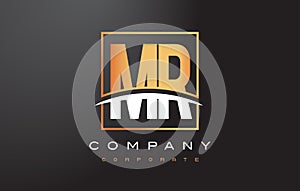 MR M R Golden Letter Logo Design with Gold Square and Swoosh.