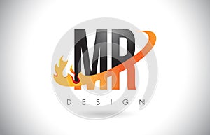 MR M R Letter Logo with Fire Flames Design and Orange Swoosh.