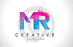 MR M R Letter Logo with Shattered Broken Blue Pink Texture Design Vector.
