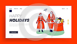 Mr and Mrs Claus Characters Landing Page Template. Happy Santa and his Wife Holding Hands under Mistletoe with Gifts Bag