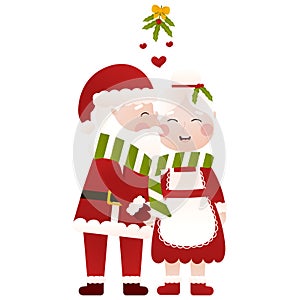 Mr and Mrs Santa Claus kissing under the mistletoe at the christmas party in cartoon style on white background