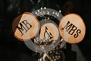 Mr and Mrs sign on wooden logs, VIntage wedding table decoration