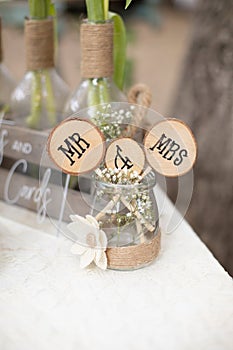 Mr and Mrs sign on wooden logs, VIntage wedding table decoration