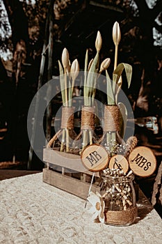 Mr and Mrs sign on wooden logs, VIntage wedding table decoration