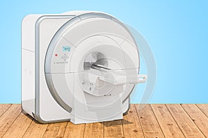 MRI Magnetic Resonance Imaging Scanner on the wooden planks, 3D rendering