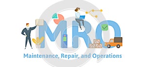 MRO, Maintenance, Repair, and Operations. Concept with keywords, letters and icons. Flat vector illustration. Isolated