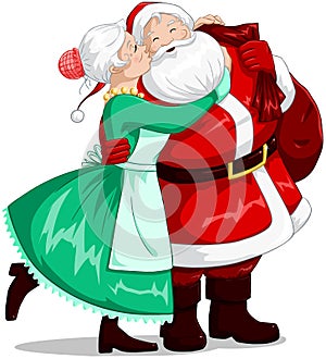 Mrs Claus Kisses Santa On Cheek And Hugs