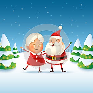 Mrs Claus and Santa Claus celebrate Christmas holidays - cute and happy vector illustration on winter landscape