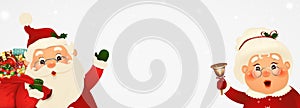 Mrs. Claus Together. Vector cartoon character of Happy Santa Claus and his wife with signboard, advertisement banner. Cute Santa