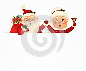 Mrs. Claus Together. Vector cartoon character of Happy Santa Claus and his wife with signboard, advertisement banner. Cute Santa