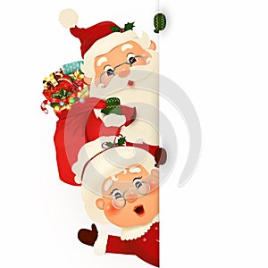 Mrs. Claus Together. Vector cartoon character of Happy Santa Claus and his wife with signboard, advertisement banner