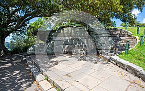 Mrs Macquarie`s chair a hand carved sandstone bench view in Sydney Australia