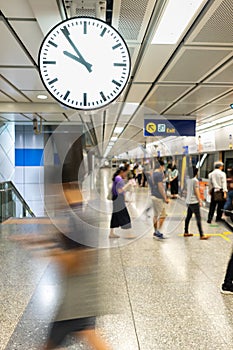 MRT metro train at rush hour with people motion blur at Bangkok, Thailand