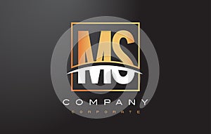 MS M S Golden Letter Logo Design with Gold Square and Swoosh.