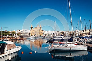 Msida Parish Church marine view near the yacht Marina docks in