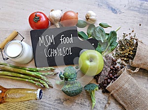 MSM, methylsulfonylmethane, dimethyl sulfone rich food. Foods with MSM and chemical formula of MSM.