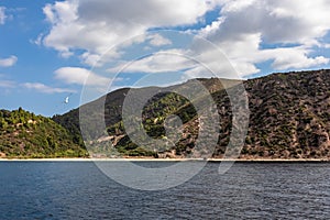 Mt Athos - White seagull flying along the coastline of peninsula Athos, Chalkidiki, Central Macedonia, Greece, Europe