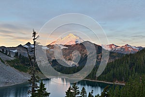 Mt. Baker and Iceberg Lake viewed from Herman Saddle at sunrise