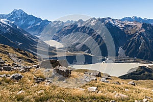 Mt Cook with Hooker Lake and Mueller Lake in Mount Cook National Park, New Zealand