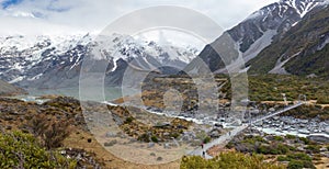 Mt Cook  Hooker Valley walkway,  lake Mueller and Hooker river, New Zealand