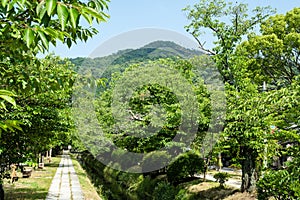 Mt. Daimonji and Canal of fresh verdure near Ginkakuji-michi, Kyoto, Japan