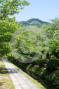 Mt. Daimonji and Canal of fresh verdure near Ginkakuji-michi, Kyoto, Japan