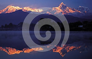 Mt. Fishtail and Annapurna Range, Phewa Lake, Pokhara, Nepal