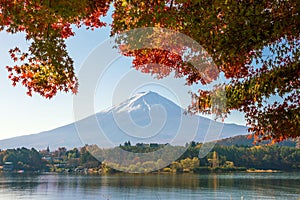 Mt. Fuji in autumn with red maple leaves