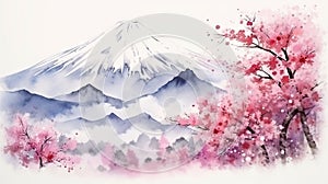 Mt. Fuji and cherry blossom background, Japan traditional painting Generative AI