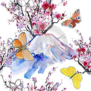 Mt Fuji , Cherry Blossom and butterflies.