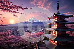 Mt Fuji with cherry blossom and chureito pagoda in Japan, Fujiyoshida, Japan, Beautiful view of Mount Fuji and Chureito Pagoda at