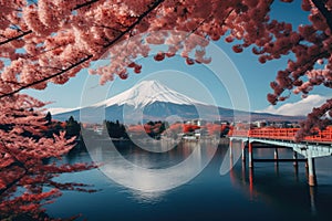 Mt Fuji and Cherry Blossom at Kawaguchiko lake in Japan, Beautiful Fuji mountain and lake landscape view with colorful tree leaves