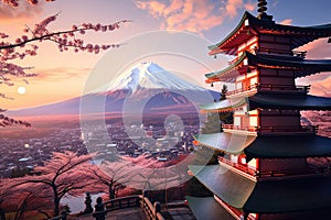 Mt Fuji with cherry blossom and pagoda at sunset, Fujiyoshida, Japan, Beautiful view of Mount Fuji and Chureito Pagoda at sunset,