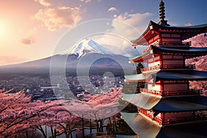 Mt. Fuji with cherry blossoms in Japan at sunset, Fujiyoshida, Japan Beautiful view of mountain Fuji and Chureito pagoda at sunset