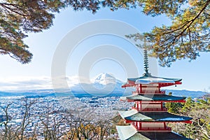 Mt. Fuji with Chureito Pagoda in autumn, Fujiyoshida.