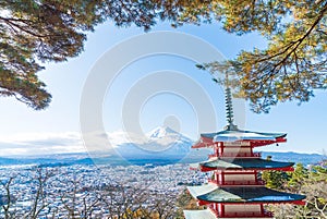 Mt. Fuji with Chureito Pagoda in autumn, Fujiyoshida.